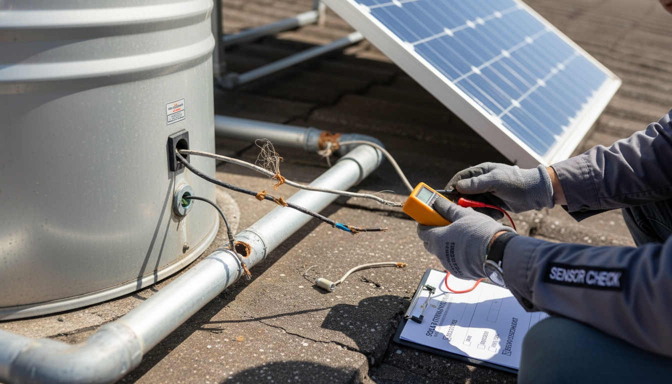 Technician testing solar water heater sensor wiring near the tank and rooftop collector during troubleshooting service